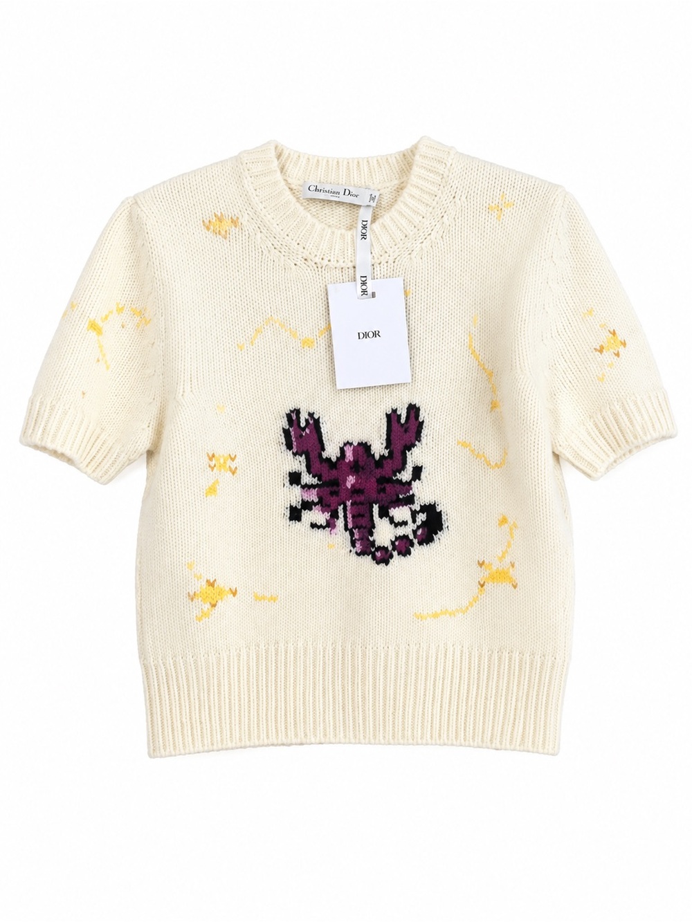 Dior Cream Short-Sleeve Knit Top with Purple Motif and Yellow Accents